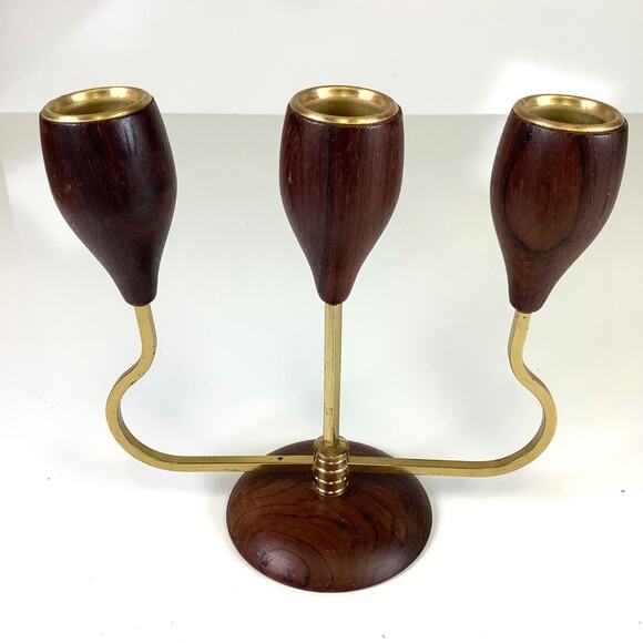 Mid Century Modern Danish Wood Brass Tulip Candle Holders MCM Art Nouveau Triple - Picture 4 of 6